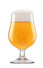 Frosty glass of fresh light beer with bubble froth isolated on white background.