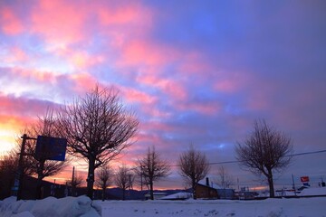 北海道、田舎、冬の朝焼け