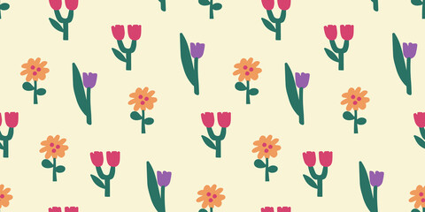Fototapeta na wymiar Seamless floral patterns in minimalist style. vector elements in Scandinavian , hand-drawn. For paper, cover, fabric, gift wrap