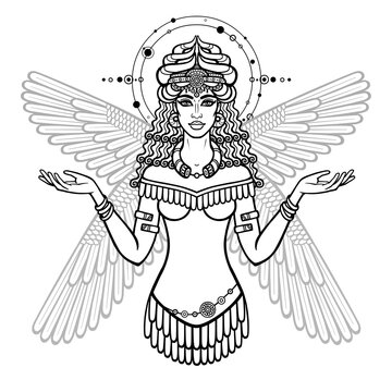 Cartoon drawing: beautiful woman in a horned crown, character in Assyrian mythology. Winged goddess. Ishtar, Astarta, Inanna. Vector illustration isolated on a white background.