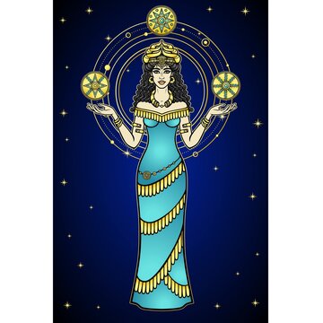 Cartoon color drawing: woman in a horned crown holds stars, a character in Assyrian mythology. Full growth. Ancient goddess. Ishtar, Astarta, Inanna. Vector illustration isolated on a dark background.
