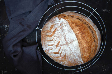 Homemade freshly baked rye bread, whole loaf on a cooling rack on dark background