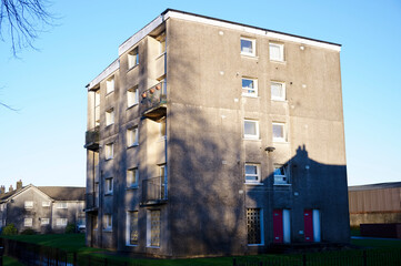 High rise council flat in deprived poor housing estate in Cardonald, Glasgow