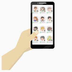 Colorful hand with phone isolated on white background. Social network chatting with friends. Clubhouse audio chat. Vector illustration.