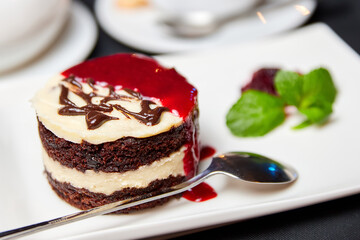 Dessert with white and black sponge cake on a white plate. Close-up, selective focus