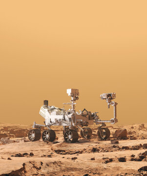 Mars Rover Perseverance exploring the red planet. Exploration mission in 2021. Rocky soil and dense, sandy atmosphere. Some elements of this image furnished by NASA. 3d rendering