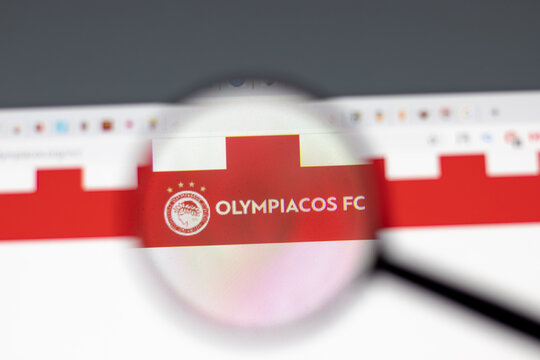 New York, USA - 15 February 2021: Olympiakos website in browser with company logo, Illustrative Editorial.