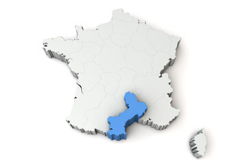 Map of France showing languedoc roussillon region. 3D Rendering