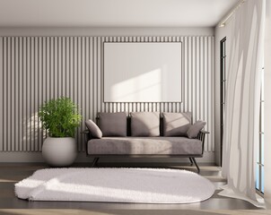 Empty poster on a wall above cozy couch. Template frame for art and lettering. 3D rendering.