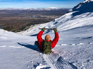 the brave, fearless and crazy climber sliding down the mountains