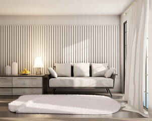Empty room with a lamp on a table and cozy couch. Sunlight and white wall. Morning sun interior. 3D rendering.