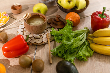 Closeup on table with vegetables in kitchen