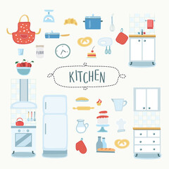 Kitchen interior and cooking tools set