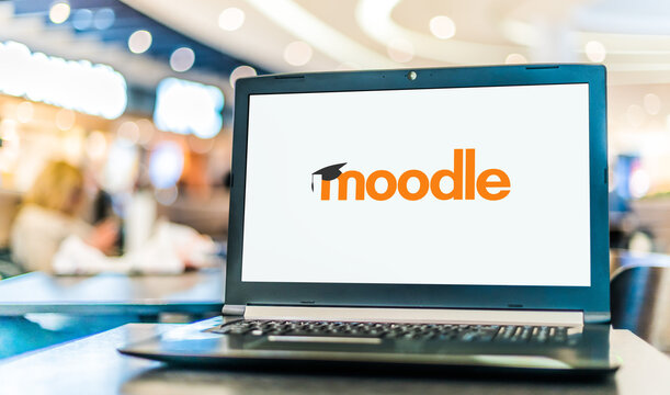 Laptop computer displaying logo of Moodle