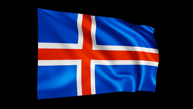 The flag of Iceland isolated on black, realistic 3D wavy flag render illustration.