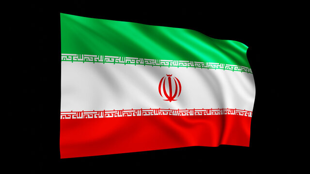 The flag of Iran isolated on black, realistic 3D wavy Iranian flag render illustration.