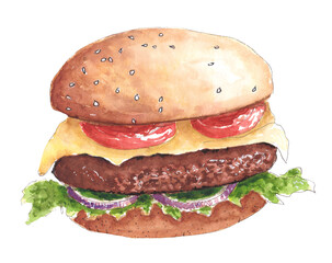 hand drawn watercolor sketch hamburger, pattern