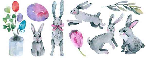 Big Collection of Happy Easter Objects. Flat Design Illustration. Set of Spring Religious Christian