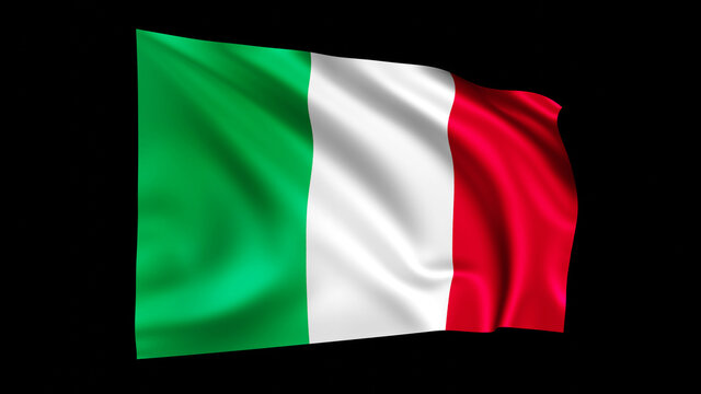 The flag of Italy isolated on black, realistic 3D wavy Italian flag render illustration.