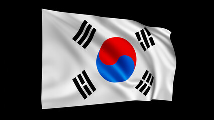 The flag of South Korea isolated on black, realistic 3D wavy Korean flag render illustration.