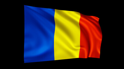 The flag of Roamnia isolated on black, realistic 3D wavy Romanian flag render illustration.
