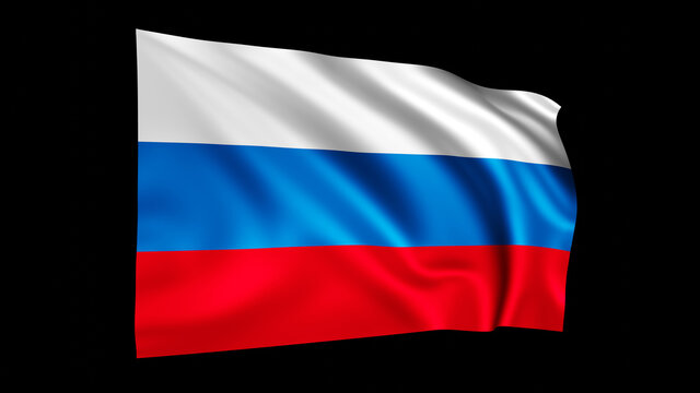 The flag of Russia isolated on black, realistic 3D wavy Russian flag render illustration.
