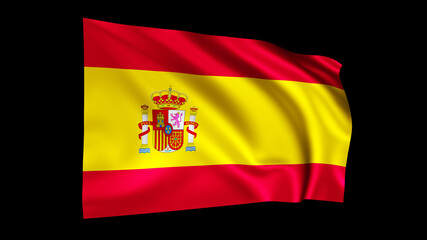 The flag of Spain isolated on black, realistic 3D wavy Spanish flag render illustration.