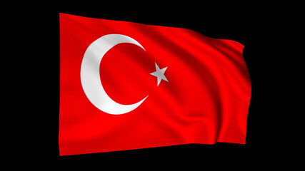 The flag of Turkey isolated on black, realistic 3D wavy Turkish flag render illustration.
