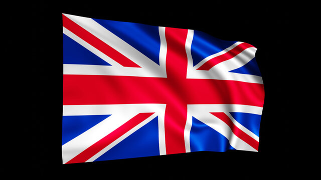 The flag of England isolated on black, realistic 3D wavy United Kingdom Union Jack flag render illustration, Great Britain flag on black