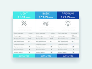 Fototapeta na wymiar Vector price comparison table template design for business. Vector pricing plans illustration.