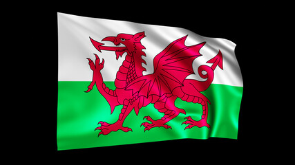 The flag of Wales isolated on black, realistic 3D wavy Welsh Baner Cymru flag render illustration.