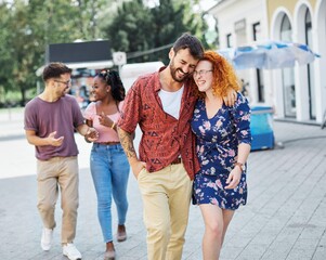 having fun woman street friendship friend outdoor lifestyle city happy icecream young eating man couple