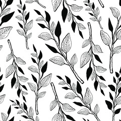 Hand-drawn branches with leaves and black buds on a white background. Vector seamless pattern. Monochrome design for card, printing, packaging, textile.