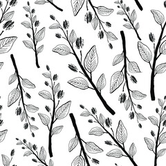 Plants with leaves and flower buds on a white background. Monochrome illustration. Vector seamless pattern.