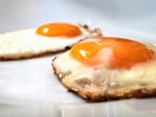 fried eggs close up on a white background