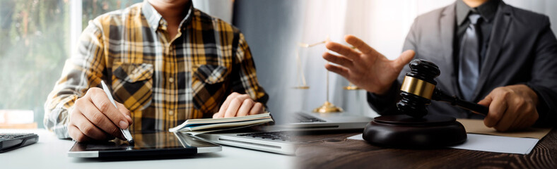 Business and lawyers discussing contract papers with brass scale on desk in office. Law, legal...