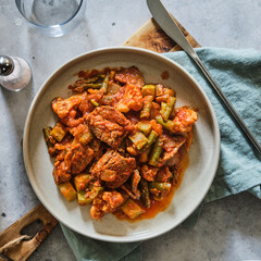 Beef stew with green beans. View from above