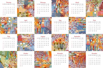 Calendar for 2022 year. Week starts on sunday. Vector design with abstract colorful patterns.