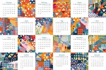 Colorful calendar for 2022 year. Week starts on sunday. Vector design with abstract multicolor patterns.