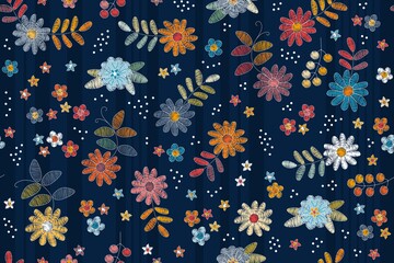 Floral embroidery seamless pattern. Colorful flowers, leaves, berries and dots on striped background.