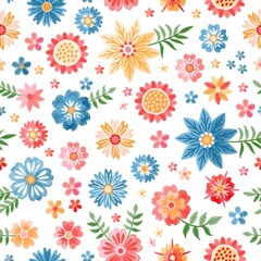 Embroidery colorful flowers on white background. Beautiful vector seamless pattern.