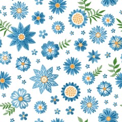 Embroidery blue flowers in folk style on white background. Vector print.