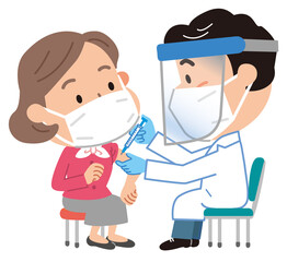 中年女性に新型コロナのワクチンを注射する医師のイラスト