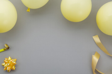 Happy birthday background, Flat lay party decoration on pastel grey background.