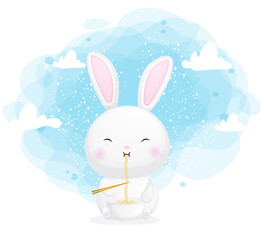 Cute bunny eat noodle cartoon illustration. animal food Premium Vector