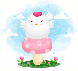 Cute happy chicken sit on the mushroom top Premium Vector