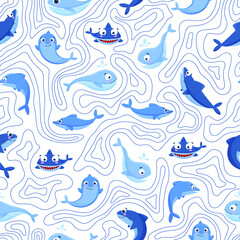 Seamless vector pattern of marine, cartoon animals. Shark, whale, dolphin. Undersea world. Background for printing, packaging, wallpaper, textile