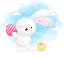 Cute rabbit with angry chicks holding easter egg cartoon illustration Premium Vector