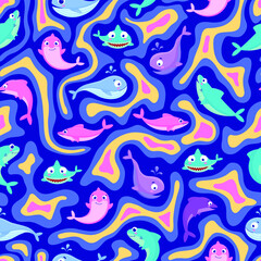 Fluorescent, seamless vector pattern of marine, cartoon animals. Neon drawn outline. Underwater animals. Whale, shark, dolphin. Undersea world. Background for printing, packaging, wallpaper, textiles