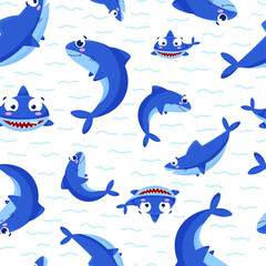 Seamless vector pattern of marine, cartoon animals. Isolated over white background. Underwater world with shark and waves. Background for printing, packaging, wallpaper, textile